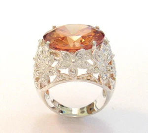 VINTAGE 925 STERLING SILVER AMBER CITRINE OCTOGON CUT RING SIZE 8 to 81/4 FLOWER - Picture 1 of 12