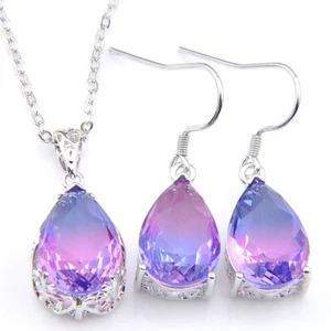 Träne BI-farbig Turmalin Silber hängen Ohrringe Halsketten Schmuck Sets - Bild 1 von 9
