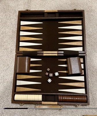 Vintage Backgammon Set in Brown Faux Leather Case Complete Look at Pictures  - Image 1 of 3
