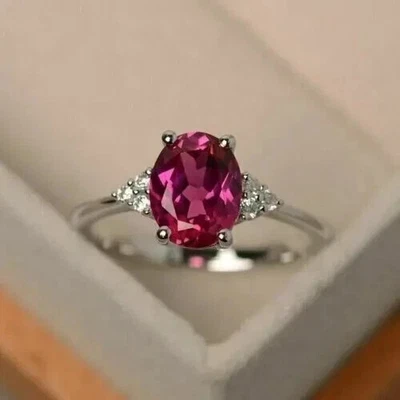 2CT Oval Cut Lab Created Ruby Diamond Women's Wedding Ring 14K White Gold Plated - Image 1 of 4