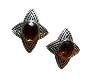 Avon NINA RICCI Earrings Post Stud Faux Oval Amber Stone SilverTone GoldTone Vtg - Picture 1 of 4