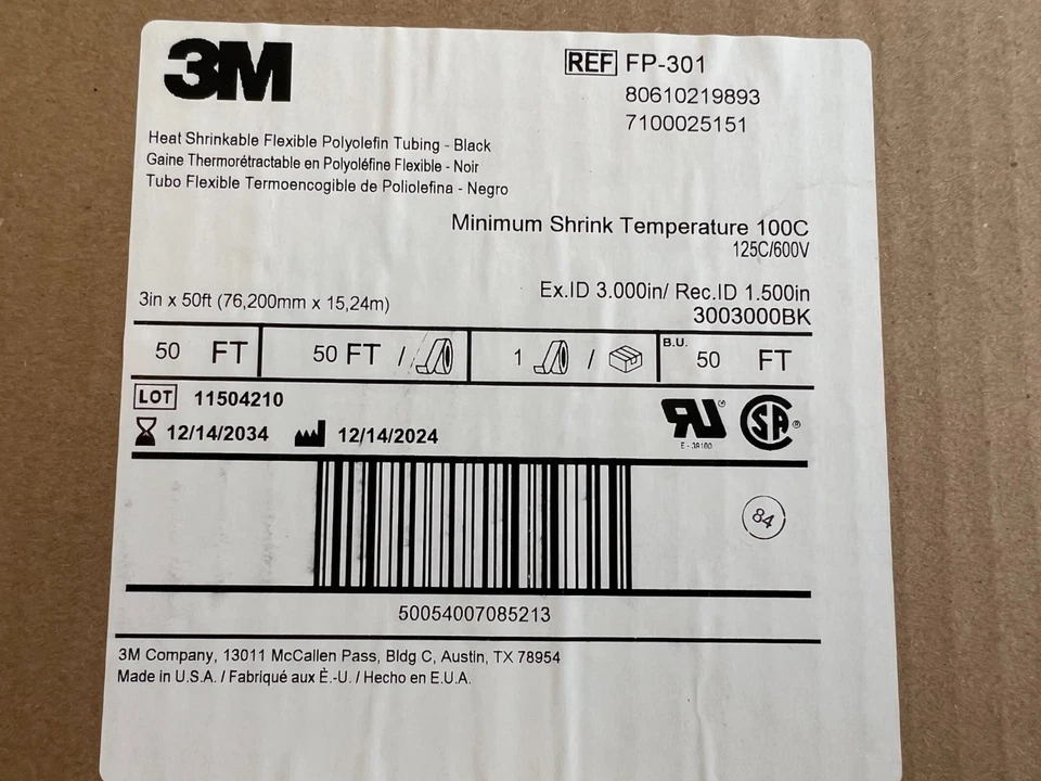 Tubo de poliolefina flexible termocontraíble 3M 3" x 50 pies FP-301-3-Negro-50 Foto 1 de 4