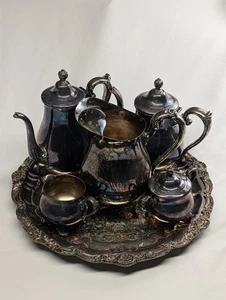 Elegantes antikes/vintage versilbertes 5-teiliges Tee-/Kaffeeservice mit Gravur Servieren - Bild 1 von 18