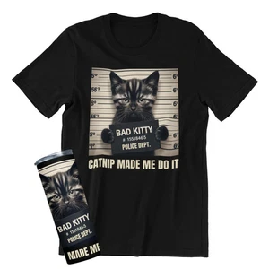 Funny Cat T-Shirt, Black Cotton, Size 2XL and Tumbler, Bad Kitty Mugshot Design - Picture 1 of 1