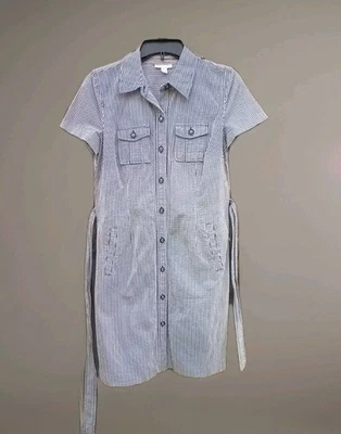 VESTIDO CHARTER CLUB MUJER TALLA 4 RAYAS GRIS BLANCO CIERRE BOTÓN MANGA CORTA Foto 1 de 4