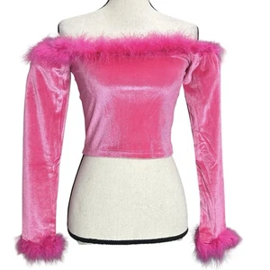 NUOVO Sugar Thrillz Crop Top L Sporco Femme Rosa Piume di Velluto - Foto 1 di 8