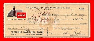 1949 Coca Cola Tell City Ind Old Bottling Co Check 9808 - Imagen 1 de 1
