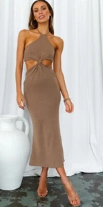Hello Molly Cut Out Back Tie Halter MIDI DRESS BROWN Med NWT $96 "Not So Subtle" - Picture 1 of 9