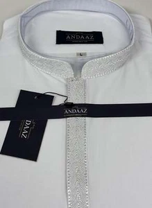 Herren Shalwar Kameez weiß mit weißer Knopfleiste Stickerei - Bild 1 von 2