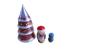 Original Russia Xmas Tree+Santa+Snowman Nesting Doll 3-pc Set/Beads/Handmade/NEW - Picture 1 of 3