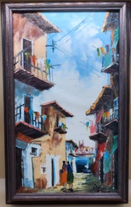 Vintage Mid Century seaside Street Scene Oil Painting Spain, UNKNOWN SIGNATURE - Picture 1 of 6