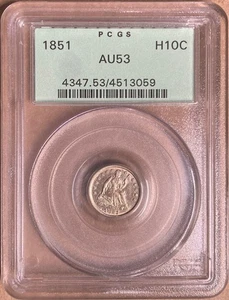 Media moneda de diez centavos Liberty Seated H10c 1851 graduación profesional AU53 - soporte verde antiguo - OGH - Imagen 1 de 2