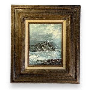 Light House Oil Painting, Original Signed R. Thompson Barn Wood Frame Seascape - Picture 1 of 5