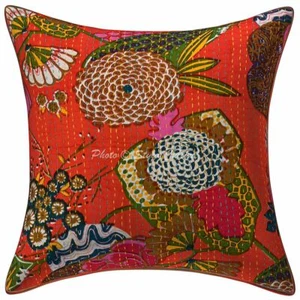 Decorative Cotton Throw Pillow Cover Orange 20x20 Kantha Tropicana Cushion Cover - Picture 1 of 3