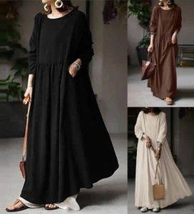 Women Casual Loose Side Pocket Maxi es Long Sleeve Cotton Linen Shirt - Picture 1 of 13
