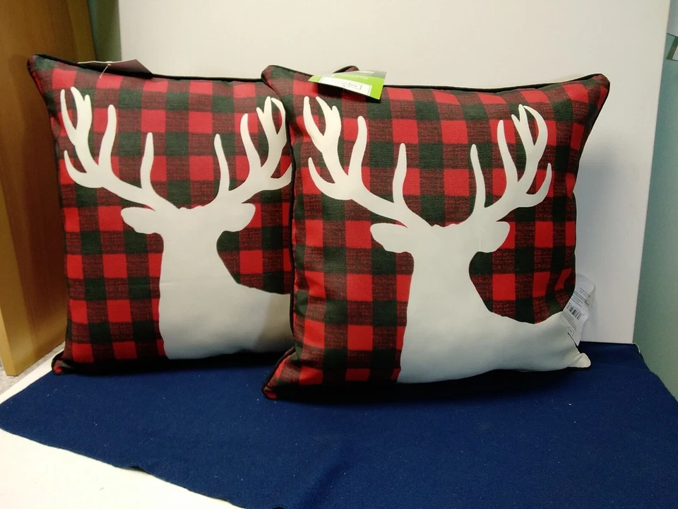 Outdoor Throw Pillows Red/Black Checker with Deer 16X16 Set Of 2 - Image 1 of 4
