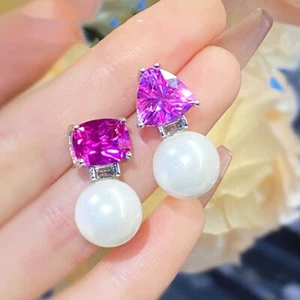 New AB Style Red Corundum White Pearl Gems Charm Women Girl Silver Stud Earring - Picture 1 of 8