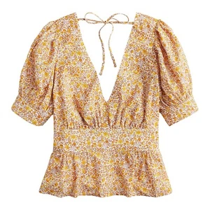 J.Crew Deep V-Neck & V-Back Top Womens Puff Short Sleeve Ivory Lemon Cake Blouse - Picture 1 of 1