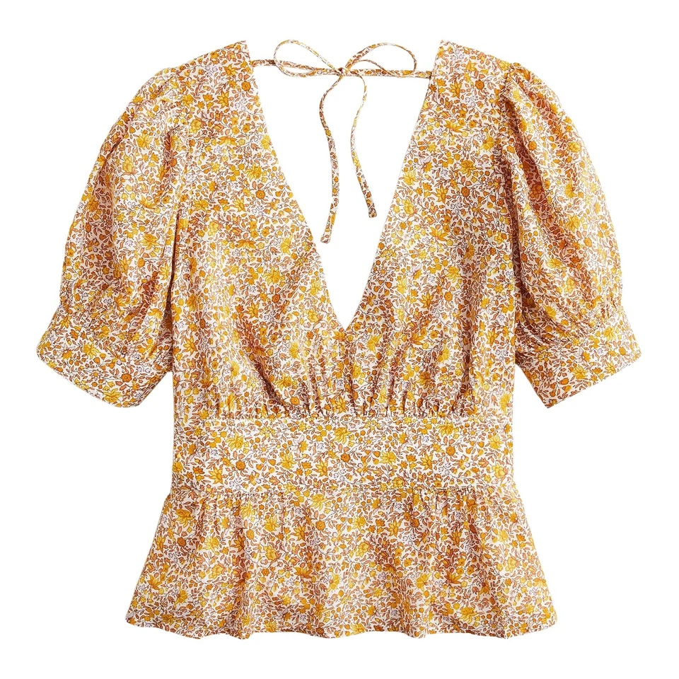 Blusa J.Crew Profunda Cuello en V y Espalda en V Top Mujer Abullonada Manga Corta Marfil Limón Pastel Foto 1 de 1