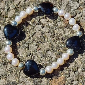 36cts Black Agate And Freshwater White Pearl Silver Plated Spacers Bracelet - Picture 1 of 7