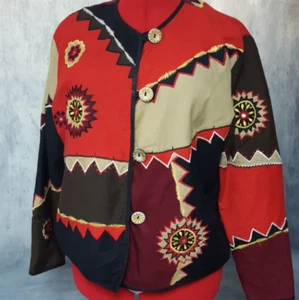 Allure Size L Jacket Button Front Long Sleeve Cotton, Embroidered Vintage Red - Picture 1 of 12