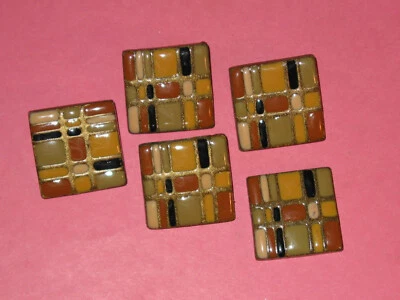 Five Geometric Vintage 1950's Square Glazed Green & Yellow Clay Shank Buttons  - Image 1 of 2