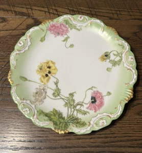 Antique T&V Limoges France Green Gold Floral POPPY POPPIES Cabinet PLATE - Picture 1 of 8
