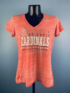 Women’s Majestic MLB St. Louis Cardinals Red Polyester V-Neck SS Shirt Large - Picture 1 of 4
