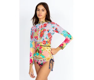 Johnny Was Swim Long Sleeve Japer Surf Shirt Rash Guard Top Red Floral Blue NEW - Picture 1 of 7