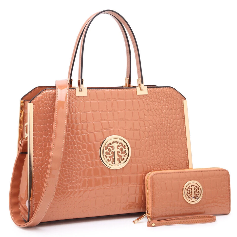 Women Faux Croco Leather Handbags Classic Medium Purse with Matching Wallet  - Image 1 of 4