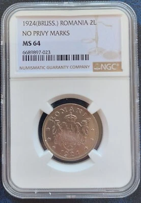 MONEDA RUMANIA 2 LEI UNC AÑO 1924 SIN MARCA PRIVADA KM#47 CLASIFICACIÓN NGC MS64 Foto 1 de 2