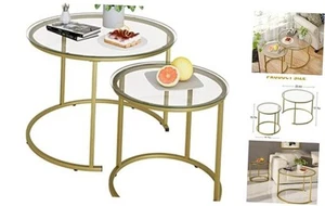 Nesting Coffee Table Set of 2,Modern Gold Tempered Glass Side Large Gold Glass - Picture 1 of 8