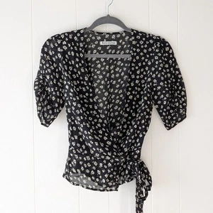 Reformation Black/White Floral Blouse Shirt Short Sleeve Wrap Top, size XS - Picture 1 of 7
