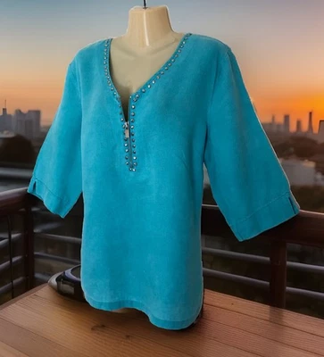 Popover Blouse Size 14 (L) Jewel Box Blue 100% Linen Beaded Zipper Neckline - Image 1 of 4