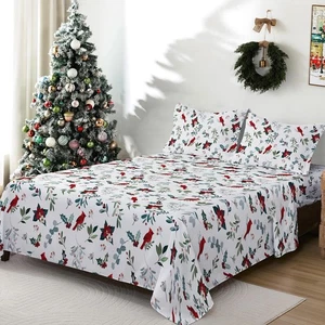 Weihnachten Laken Set King Size 4 Stück Rot Kardinal Vogel Stechpalme Mistelzweig Poins... - Bild 1 von 9