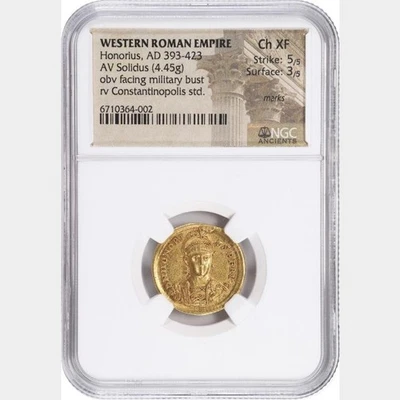 HONORIUS, A.D. 393-423. AV Solidus (4.45 gms), Constantinople Mint, 5th Offi NGC - Image 1 of 2