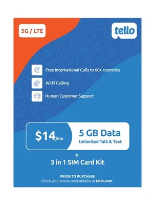 $14/Month Tello Mobile Plan 5GB Data Unlimited Minutes & Texts - Image 1 of 4