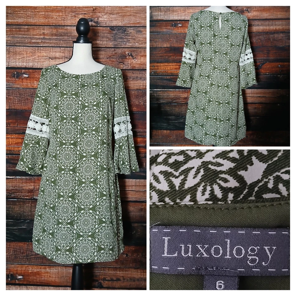 Vestido Luxology Shift Talla 6 Verde Mandala Retro Crochet Manga Campana Forrado Foto 1 de 4