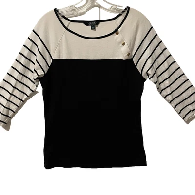 Suéter Lauren Ralph Lauren Mujer XL Negro Bloque de Color Manga a Rayas Botón Dorado Foto 1 de 4
