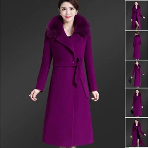 Womens Warm Wool Trench Long Coat Parka Faux Fur Collar Winter Jacket Overcoat - Picture 1 of 29