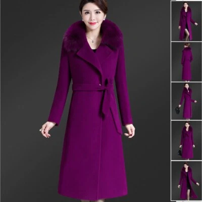 Womens Warm Wool Trench Long Coat Parka Faux Fur Collar Winter Jacket Overcoat - Image 1 of 4
