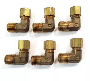 PARKER 90° COMPRESSION ELBOWS (LOT OF 6) 5/16" TUBE X 1/4" NPT BRASS - Picture 1 of 5