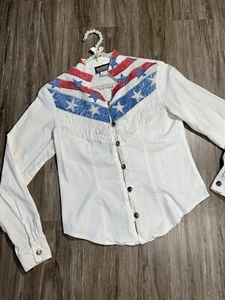 Vintage Roughrider USA Stars Fringe Western Button Up Top Juniors Small - Picture 1 of 10