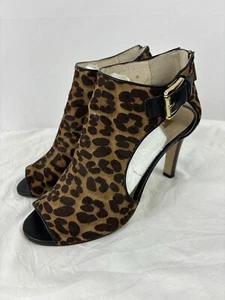 Louise et Cie Peeptoe Booties Heels Leopard Animal Print Brown Black 8.5 B Calf - Picture 1 of 17