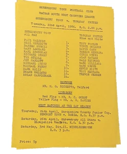 SHREWSBURY TOWN V TORQUAY UNITED  - SOUTH WEST COUNTIES LEAGUE - 22/4/1986 - Picture 1 of 1