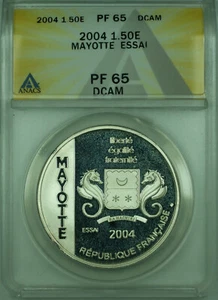 2004 1.50E France ANACS PF 65 DCAM Mayotte Essai 1.5 Euro Proof Silver Coin - Picture 1 of 2