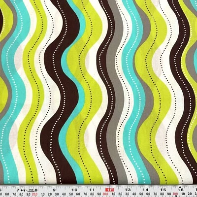 Aqua Brown Green Gray White Wavy & Dots Brother Sister Cotton Remnant 20" x 44" - Image 1 of 2