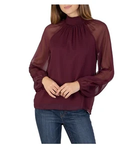 Joie Women's Top Long Sleeve Smocked Blouse Sheer Long Sleeves Wine Large - Picture 1 of 5