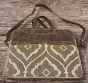 Myra Messenger Bag Boho Upcycled Canvas & Cowhide Leather Handmade EUC - Picture 1 of 10