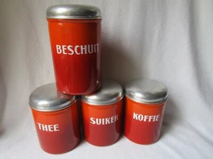 4 schöne alte Emaille-Dosen Vorratsgefässe Deckeldosen NL Suiker Thee Koffie... - Picture 1 of 9